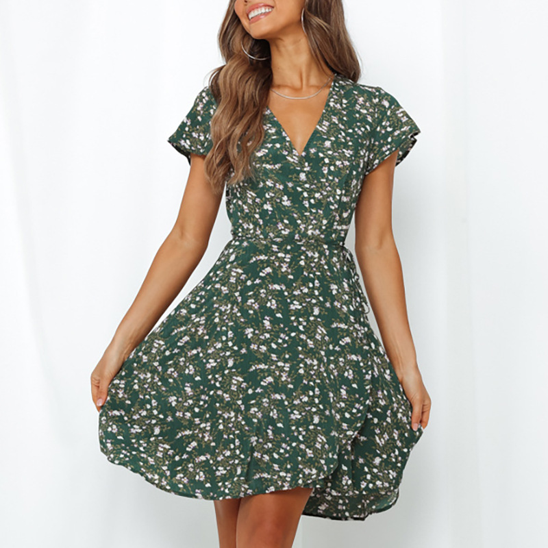 casual all-match floral print short-sleeved V-neck chiffon dress NSGE37762