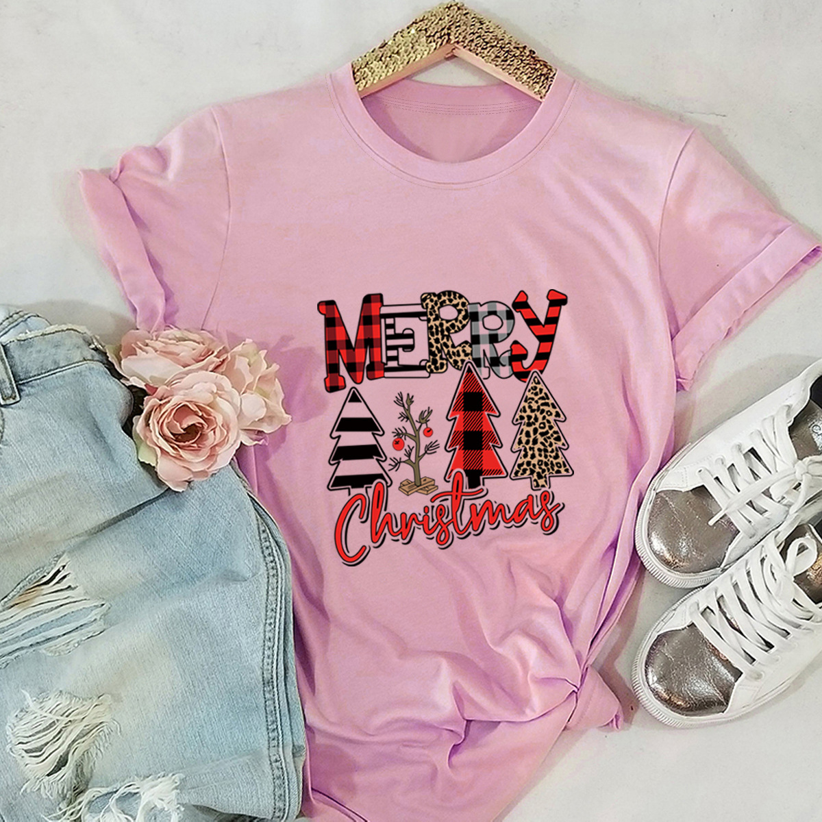 short-sleeved t-shirt women s top Merry Christmas Christmas gift tree NSSN4163