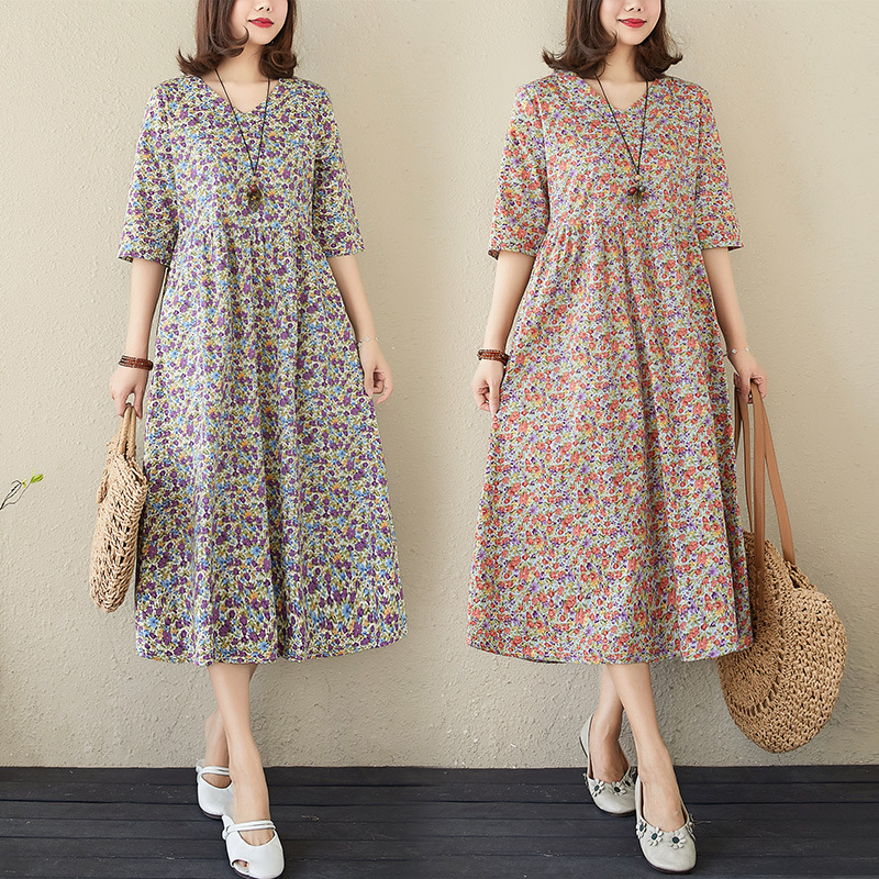 棉麻碎花连衣裙夏府绸印花显瘦宽松复古V领大码长裙