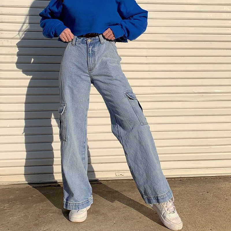 High Waist Pockets Jeans Women Blue 