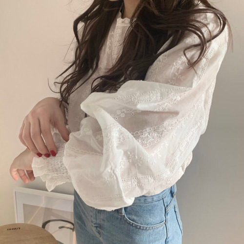 Korean ins sweet girl early spring fresh and age-reducing lace hook-work lantern long-sleeved shirt women's top