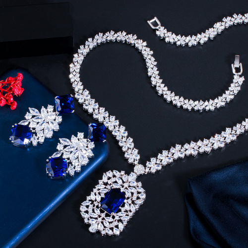Wholesale Korean-style bridal diamond necklace earrings set chain wedding banquet evening party jewelry set multiple colors available