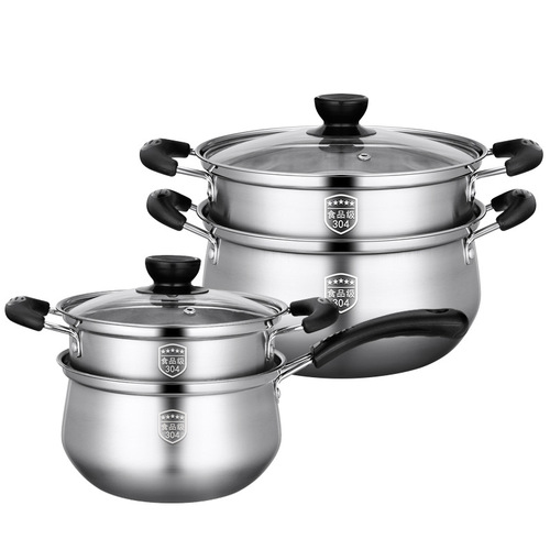 304 thickened stainless steel single-handled milk pot Korean gift curved pot double-handled soup pot induction cooker pot with steam grid