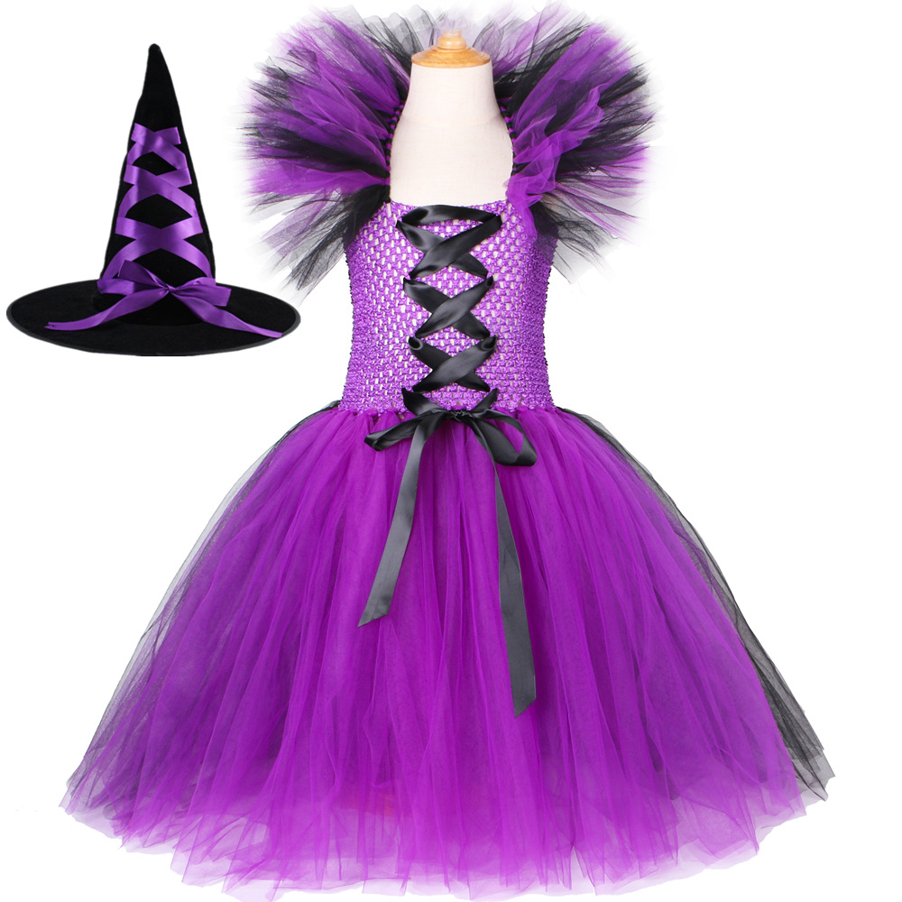 Abbigliamento per neonate Costume di Halloween Vestito da strega Vestito in tulle a rete viola e nero per bambine_voghion.com