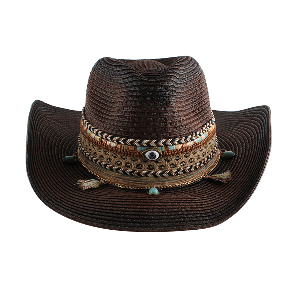 Sombrero de paja de mezclilla occidental curling sombrero de ala grande sombrero de sol de verano de las mujeres sombrero de Sol de paja casual