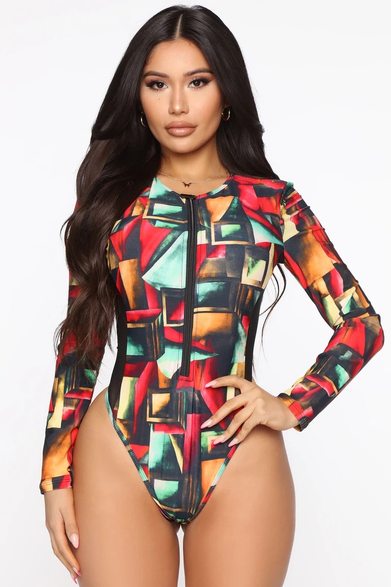 long-sleeved printing zipper mesh swimwear NSHL38565