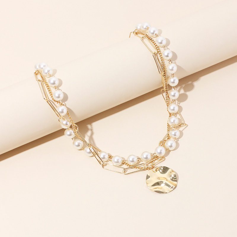 38g Weight Necklace Classification Wedding, Travel Occasion Women'S Gender Fashion Style Gold Color Fashion Multi-layer Pearl Disc Necklace Simple Fashion Short Clavicle Necklace 4