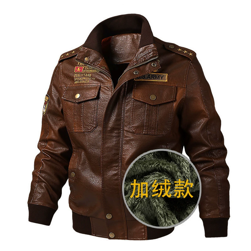 Amazon AliExpress зимняя утолщенная мужская куртка из искусственной кожи на флисовой подкладке Повседневная кожаная куртка с застежкой на воротнике больших размеров с вышивкой Мужская