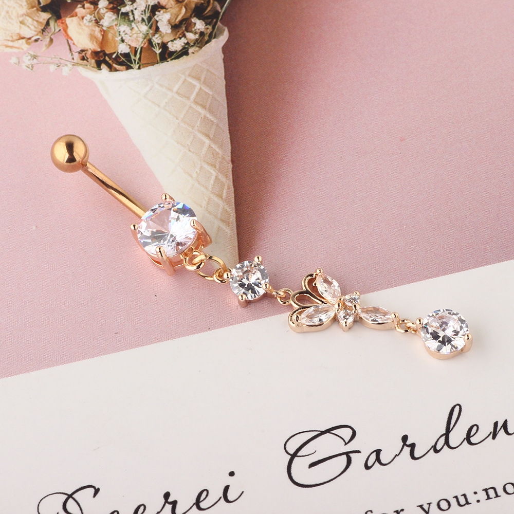 Rose Gold CZ Navel Ring 316L Surgical Steel Dangle Belly Button Ring Cross Border Jewelry detail image 10