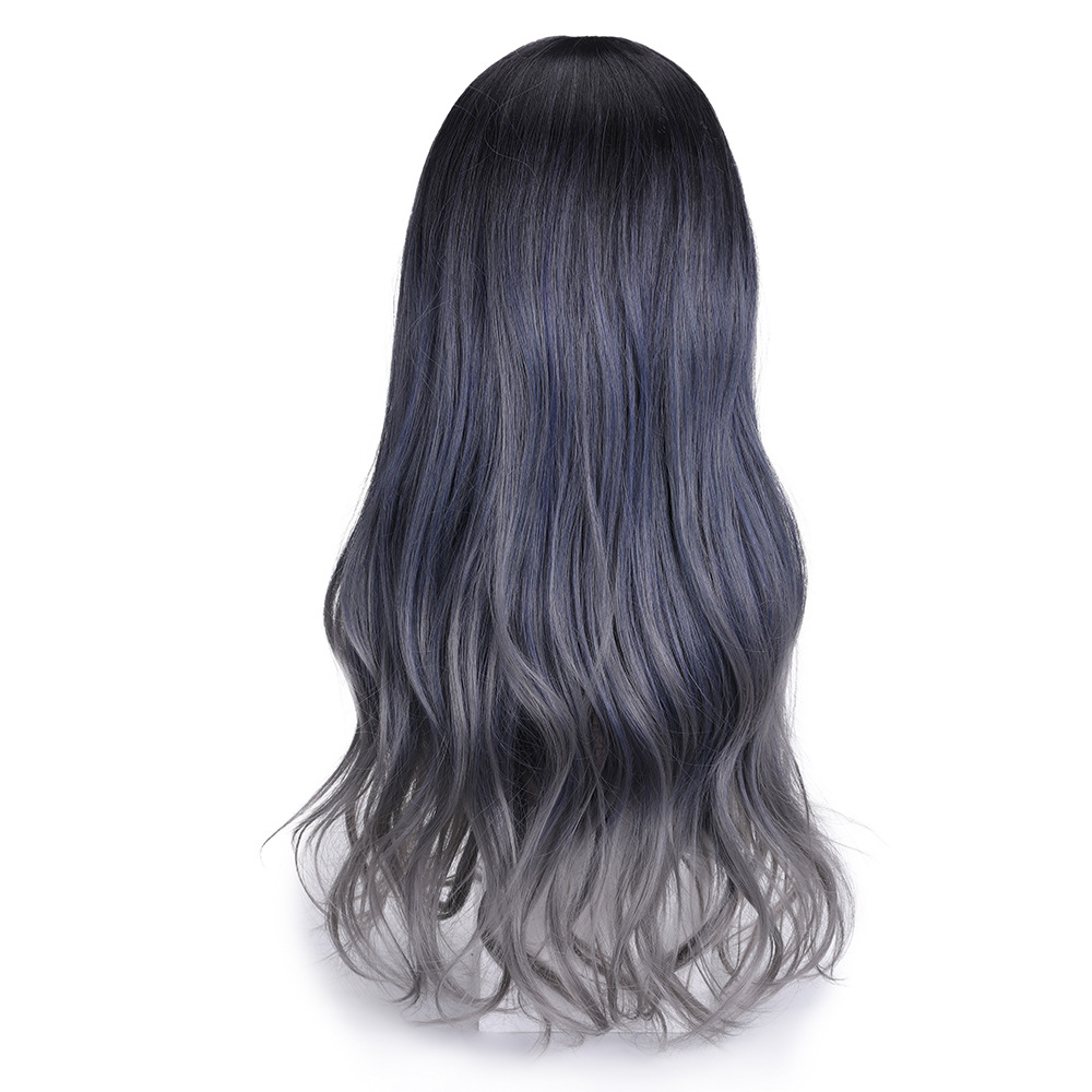 Perruque synthétique femme cheveux longs grande vague dégradé bleu gris Internet rouge populaire ensemble tête complète_voghion.com