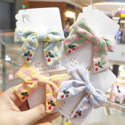 森女系格子刺绣樱桃蝴蝶结发夹女童公主压夹顶结发夹发饰一件代发|ms