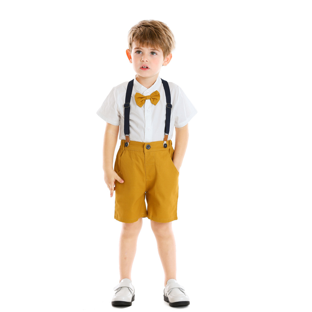 2023夏季男童装新款绅士套装短袖白衬衫背带裤一件待发跨境外贸