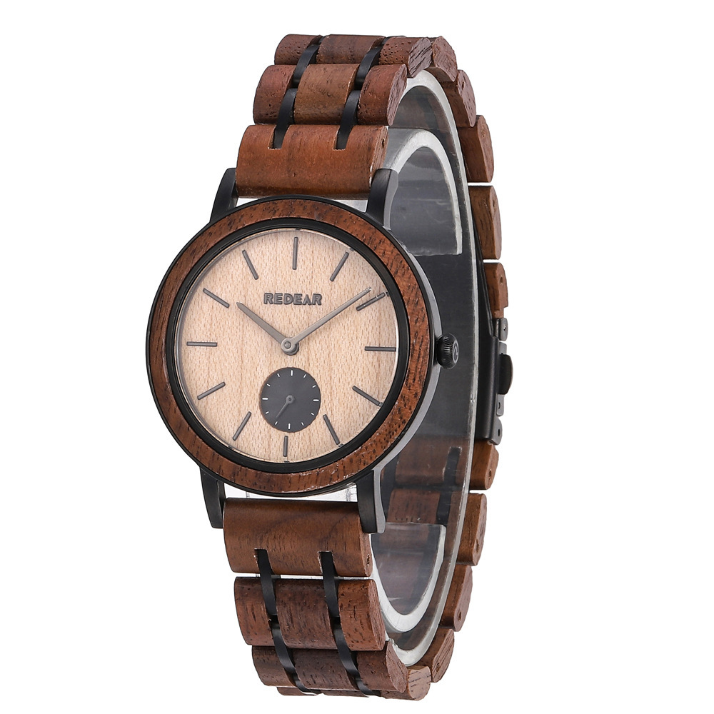 OEM定制不锈钢间胡桃木石英表 时尚休闲复古小三针男士木质腕表