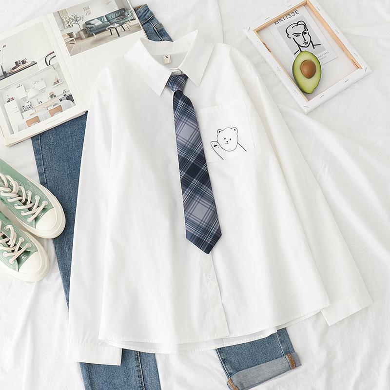 Japanese Girl College Style Cute Embroidered Spring and Autumn Long Sleeve Shirt Soft Girl Shirt bf Style Student Loose Polo Shirt