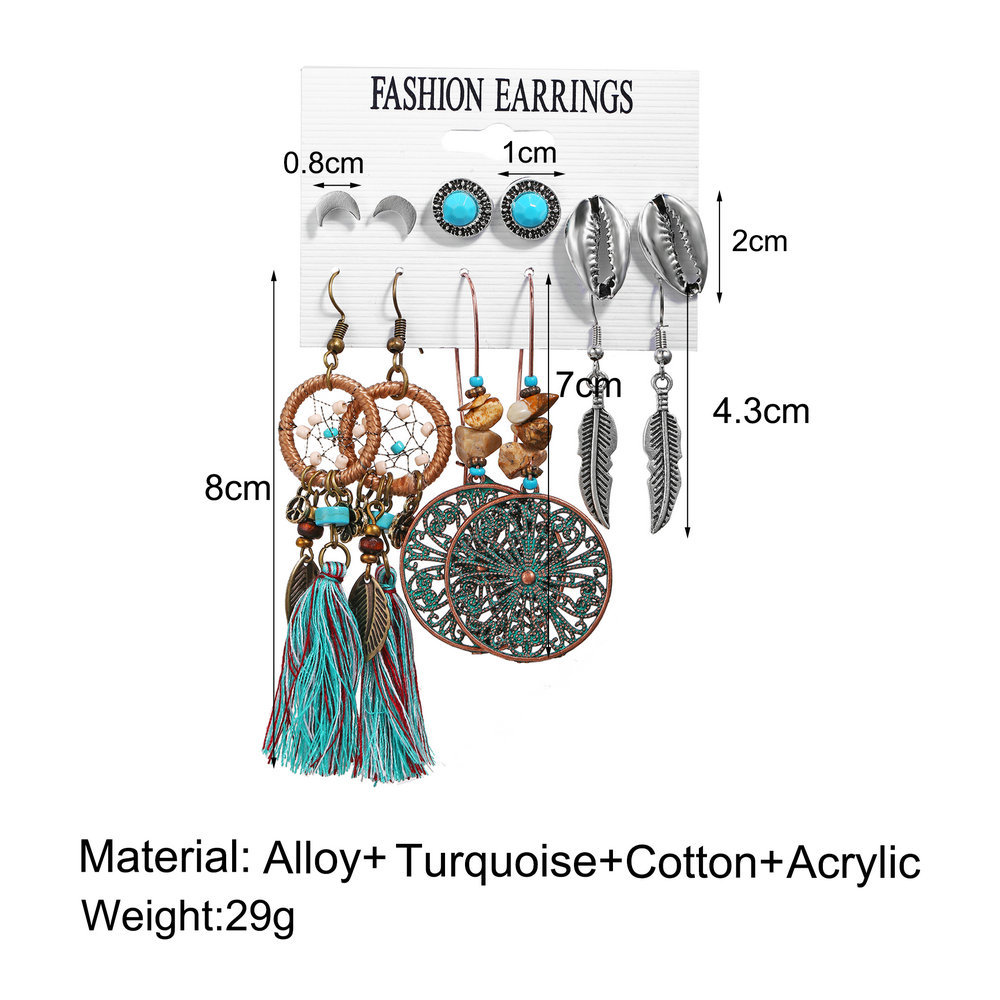 New Fashion Dream Catcher Shell Feather Earrings Set 6 Pairs Of Retro Ethnic Style Earrings Set Wholesale display picture 1