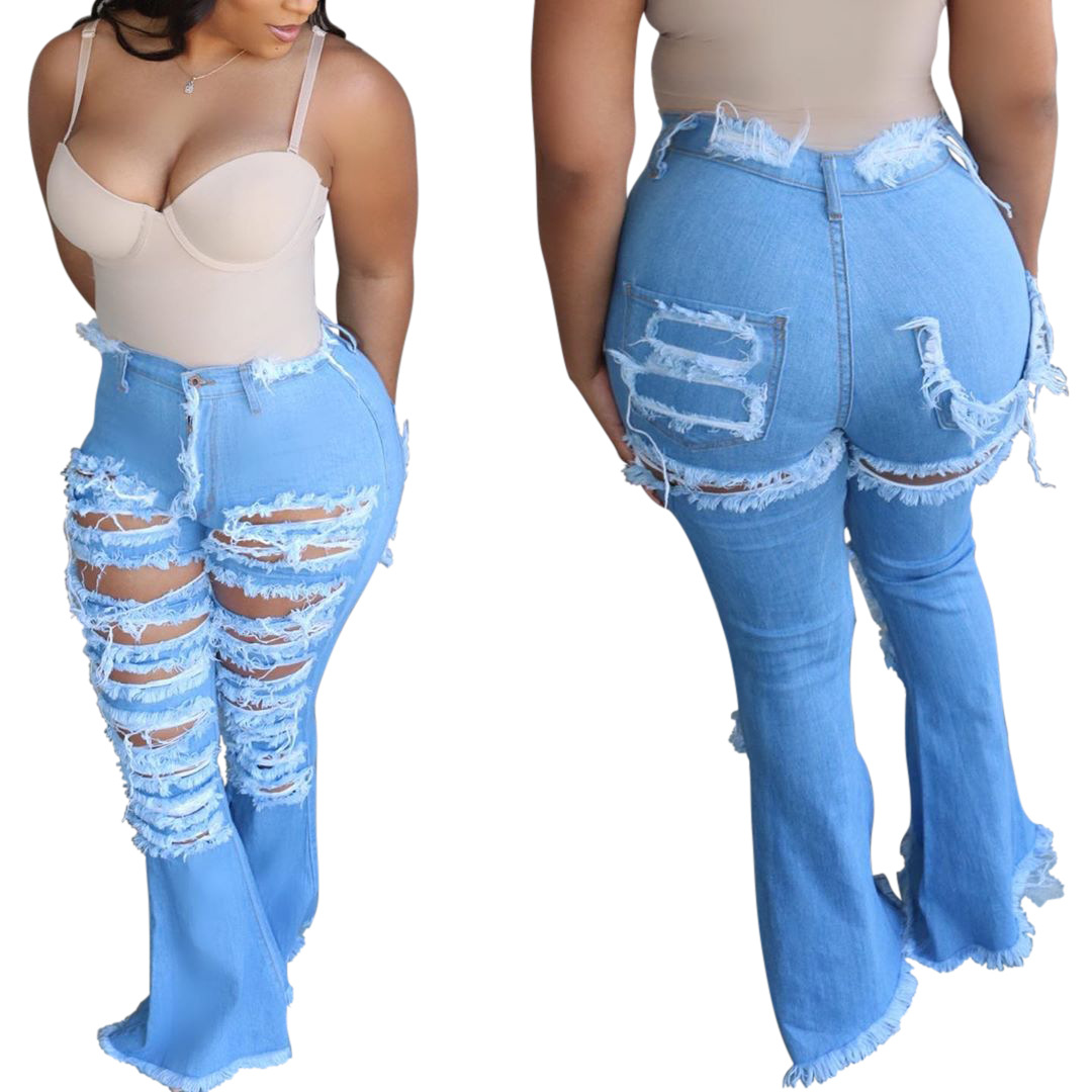 high waisted ripped bell bottom jeans