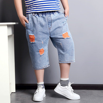 Boy shorts children Pants CUHK student summer Five point pants Jeans hole Tide pants Add fertilizer enlarge