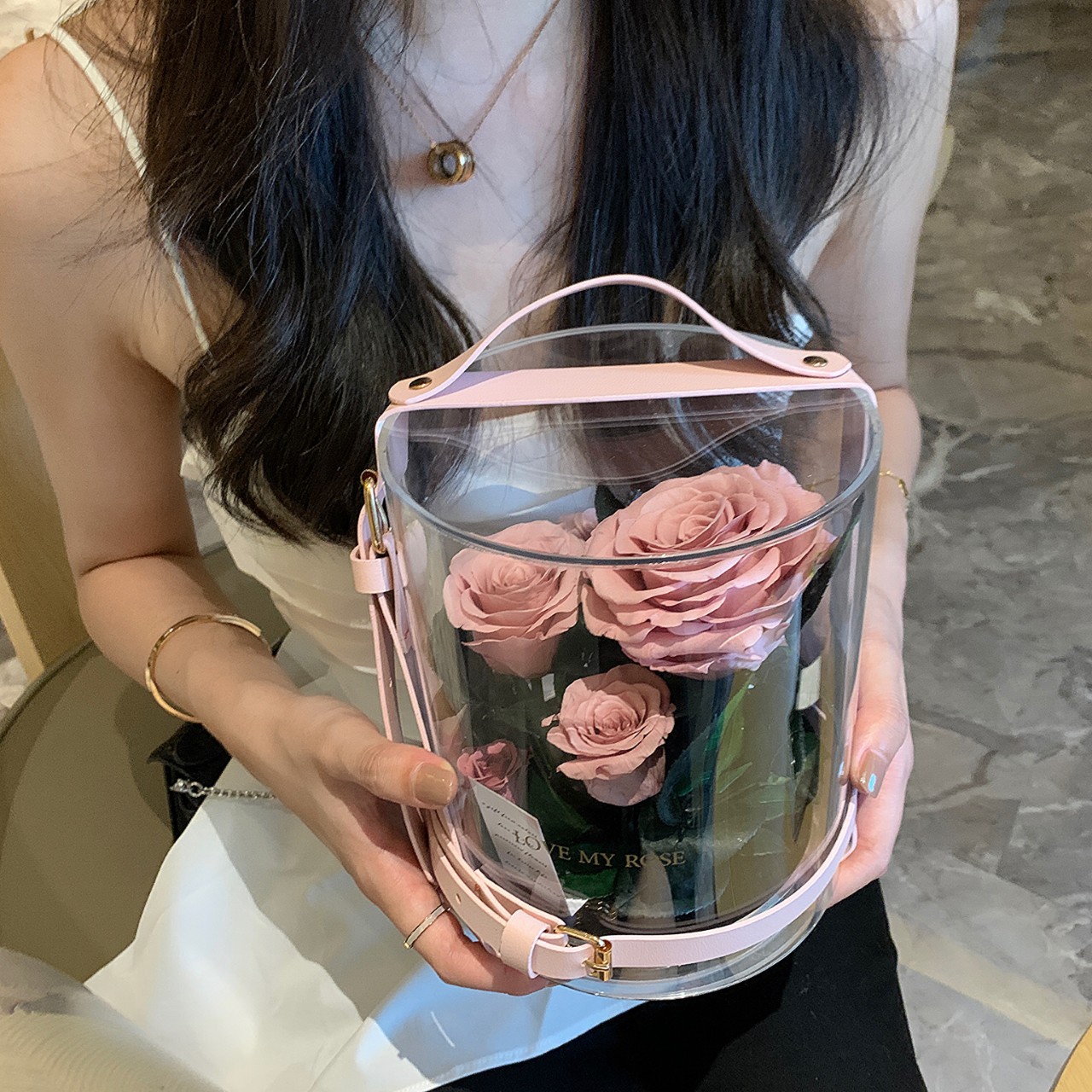 七夕網紅爆款求婚表白 手提氣皮質亞克力秘密花園保鮮花永生花盒