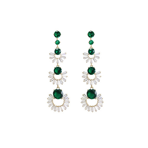 Cross-border Korean earrings for women, light luxury color zirconium retro 925 silver earrings, round face slimming long geometric fan earrings