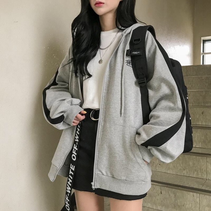 2021新款韩版原宿风卫衣拼色刺绣字母卫衣加绒拉链学生上衣外套女