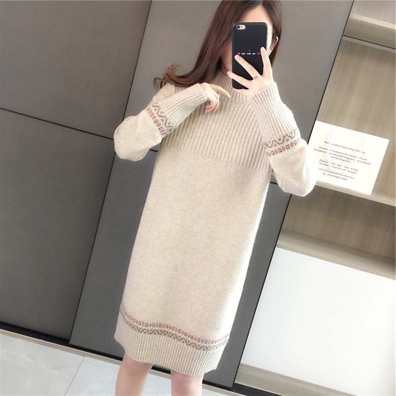 Vestido suéter de longitud media para otoño e invierno, camisa básica para mujer, nuevo estilo coreano, holgado, con cuello medio alto, a rayas, de punto, con mangas largas.
