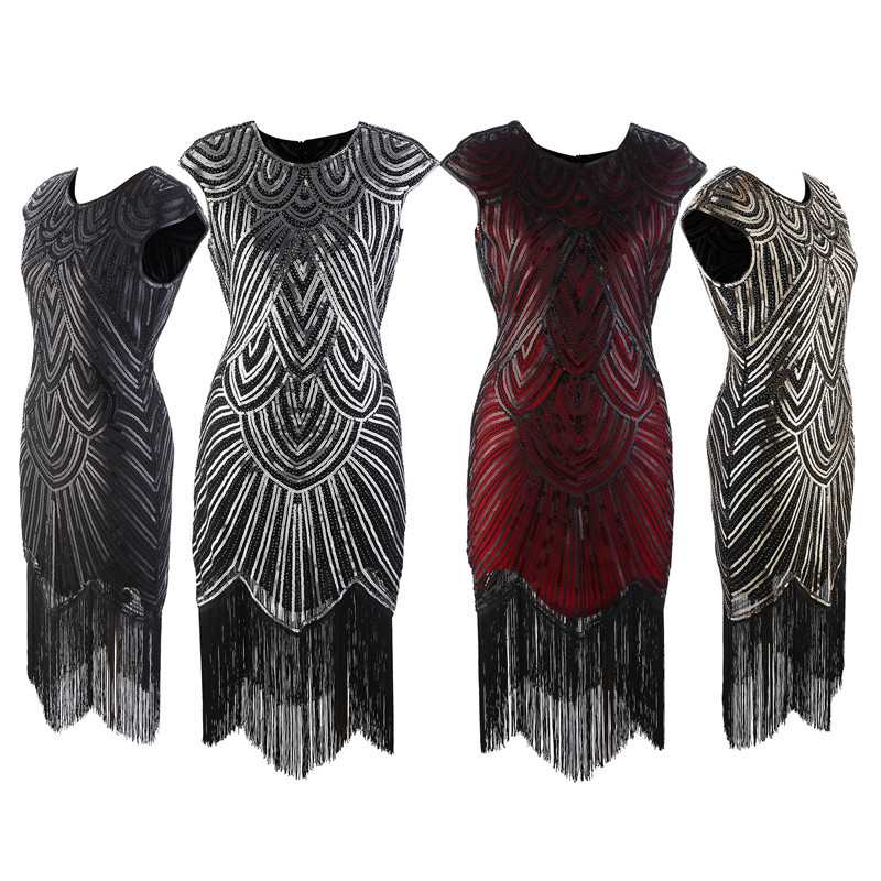 Cross-Border Popular Sequined Dress European and American Hot-Selling Retro Beaded Evening Dress Dinner Party Tassel Dress Wholesale