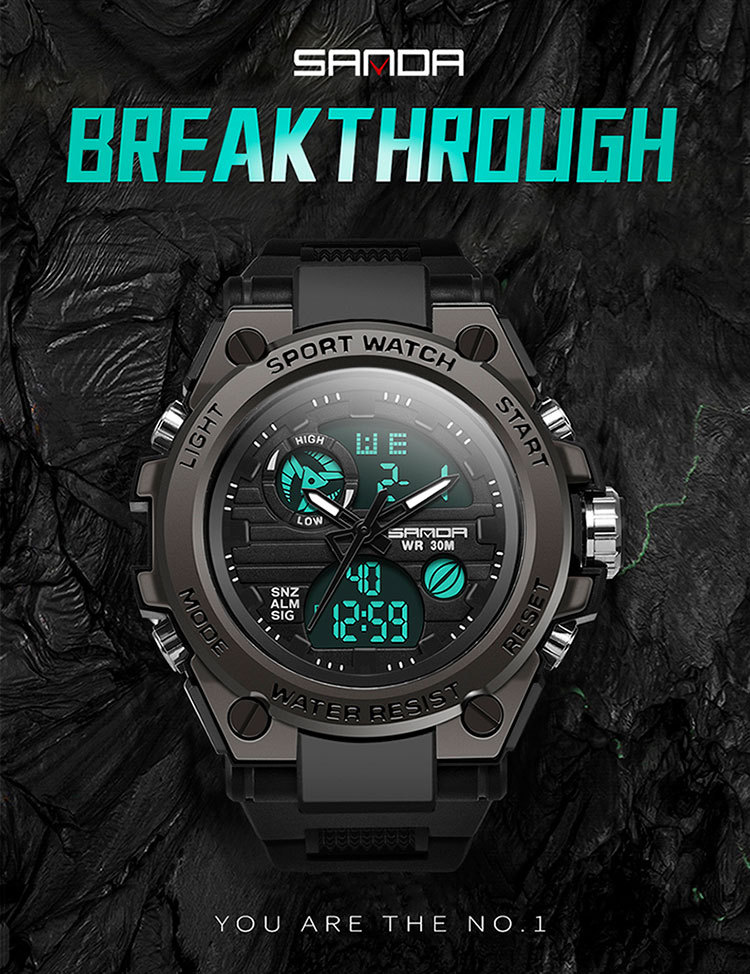 SANDA male student fashionable multi-functional dual display waterproof electronic watch with large dial and popular in foreign trade_voghion.com