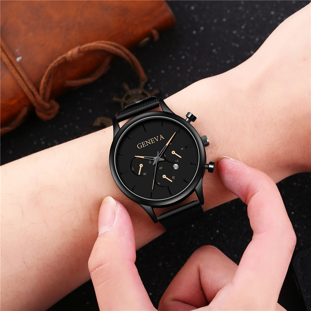 Tiktok's Best-Selling Fake Three-Eye Men's Mesh Strap Quartz Watch Fashion Belt Watch Men's Wholesale Watch Watch