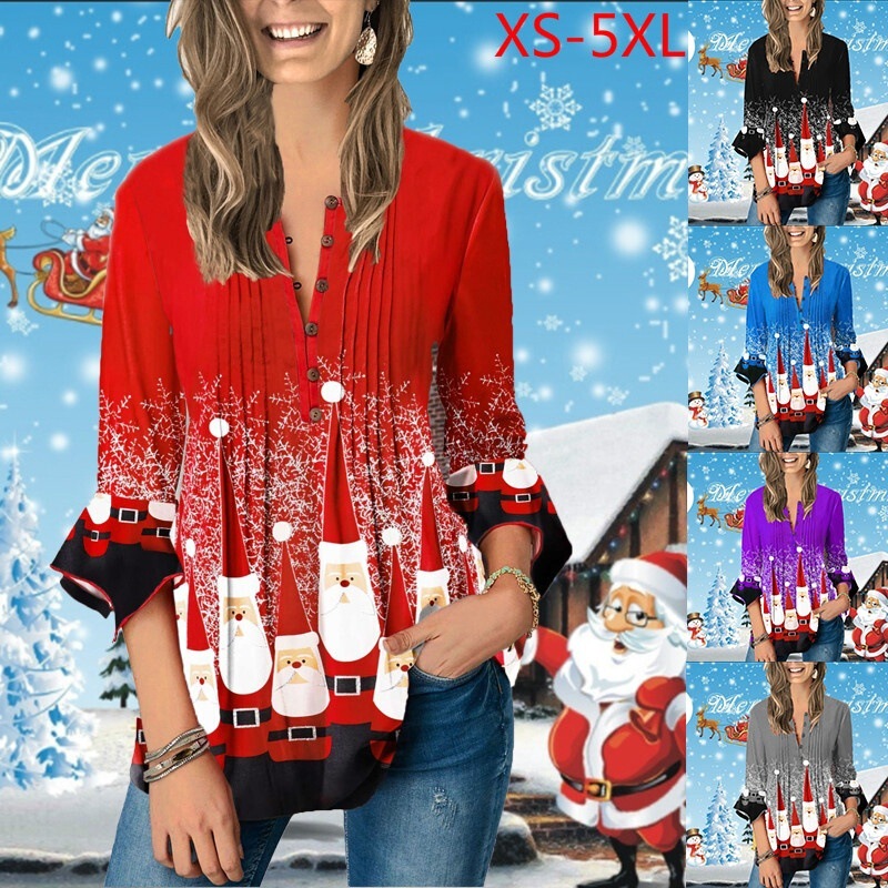 2020 Autumn and Winter Hot New Arrival Amazon Women's Seven-Sleeve Irregular Christmas Printed Button Pleated T-Shirt