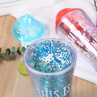 Laitu Keding Summer Creative Glitter Fruit Cup Ice Cream Lid Glitter Cup Double Layer Plastic Water Cup with Straw