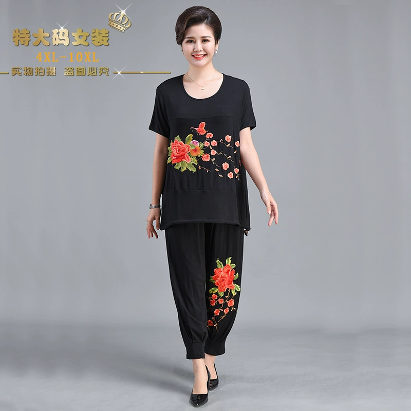 Черный вышитый женский летний Вестерн стиль возрастной легкий зрелый модный темперамент для похудения в этническом стиле плюс толстый модальный комплект из двух предметов