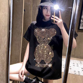 金钻闪闪烫钻中长款t恤女短袖2021夏季新款女装时尚洋气网红上衣