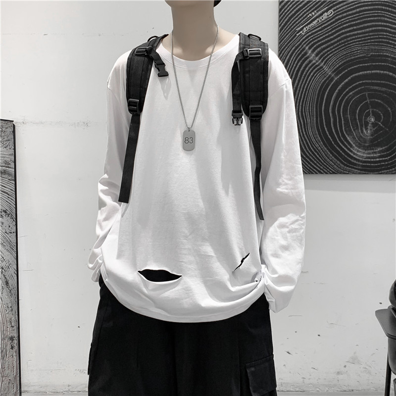 가을 in 홍콩 패션 브랜드 찢어진 긴팔 티셔츠 남성 한국식 패셔너블한 루즈한 만능 커플 베이스 셔츠 탑 의류