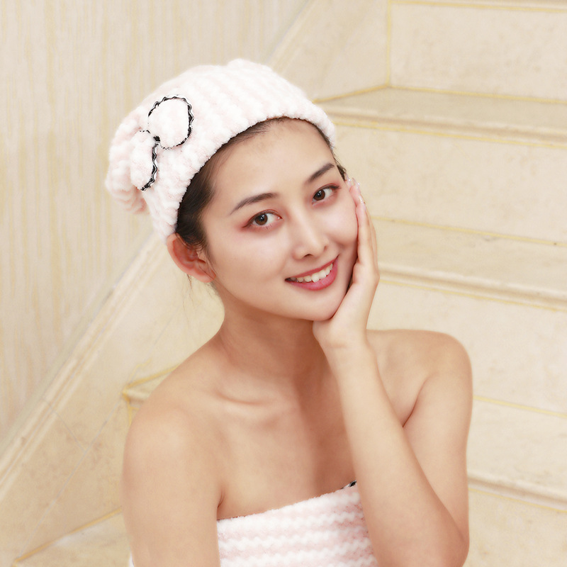 韩国黑边蝴蝶结菠萝格干发帽女士珊瑚绒包头巾超强吸水速干干发巾|ms
