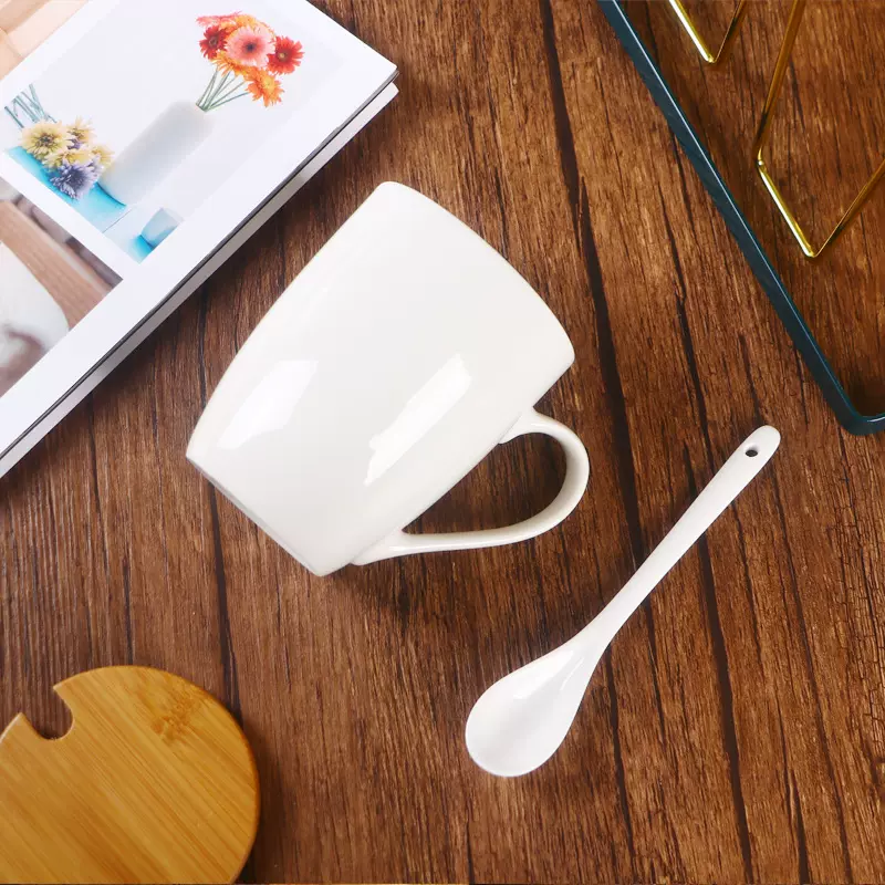 纯白鼓型杯陶瓷杯加工定杯子简约马克杯印logo盖勺