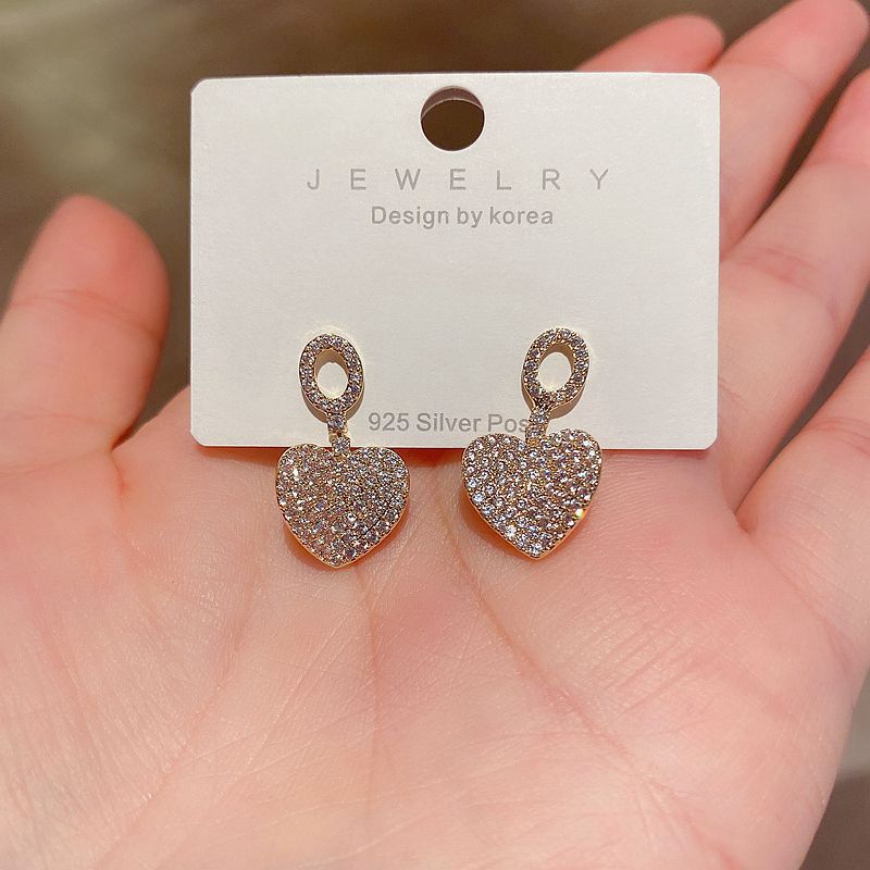 S925 Silver Needle Full Diamond Zircon Micro-inlaid Heart-shaped Earrings display picture 2