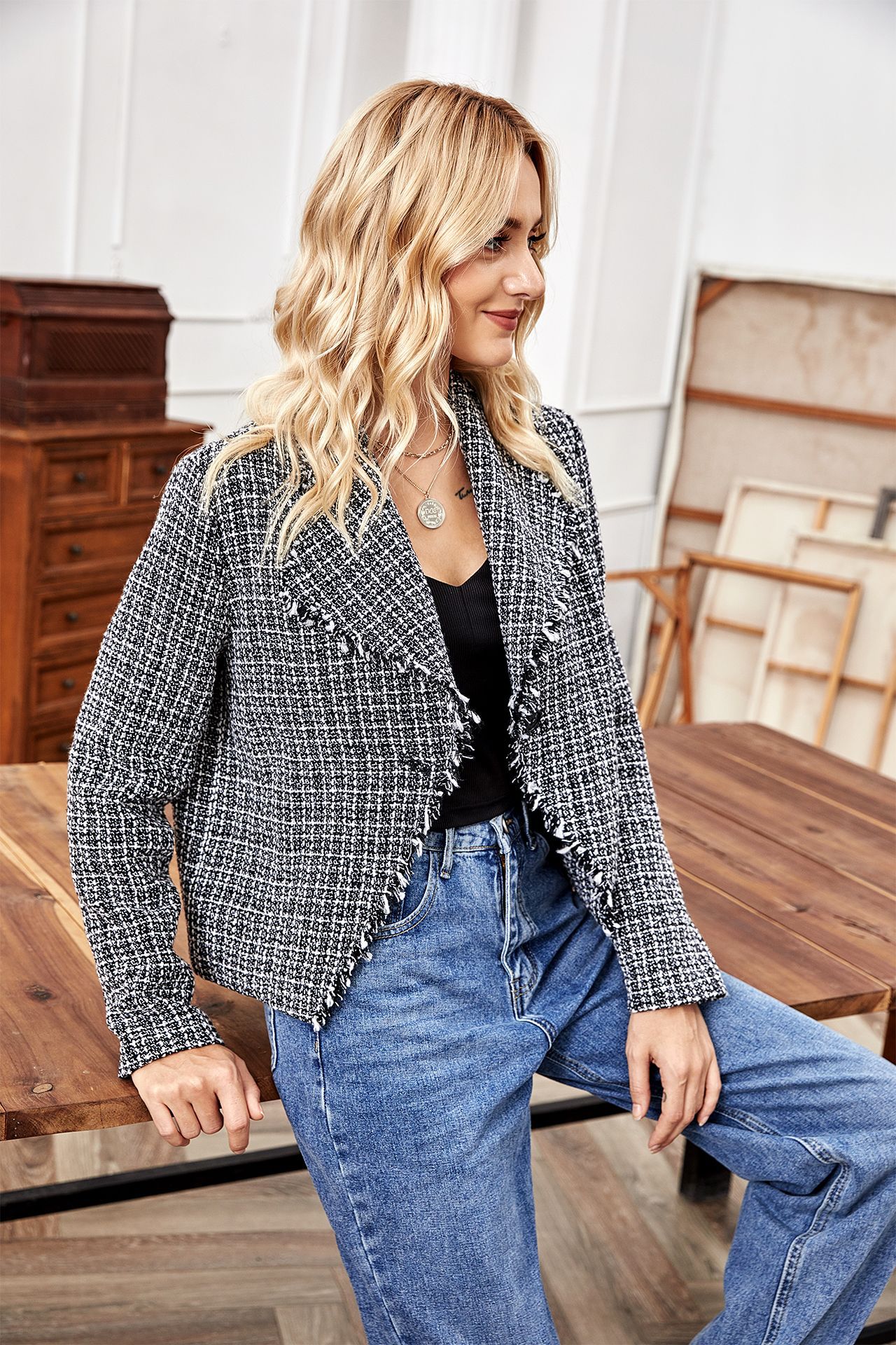 fashion long-sleeved woolen tweed jacket  NSLM29040