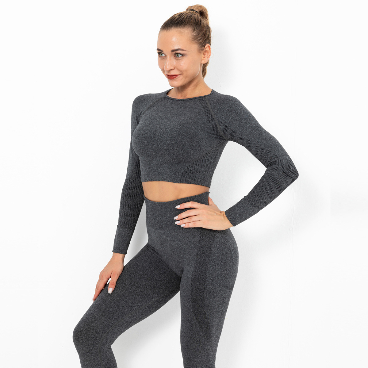 Seamless Knitted Sexy Solid Color Long-Sleeved Yoga Clothes NSNS12220