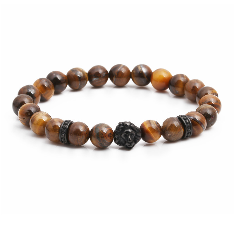 Fashion Stainless Steel Lion Head Bracelet Tiger&#39;s Eye Beaded Male Bracelet display picture 1