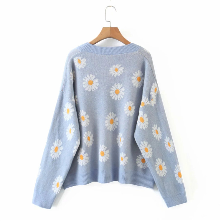 autumn and winter V-neck daisy jacquard cardigan sweater  NSLD15289