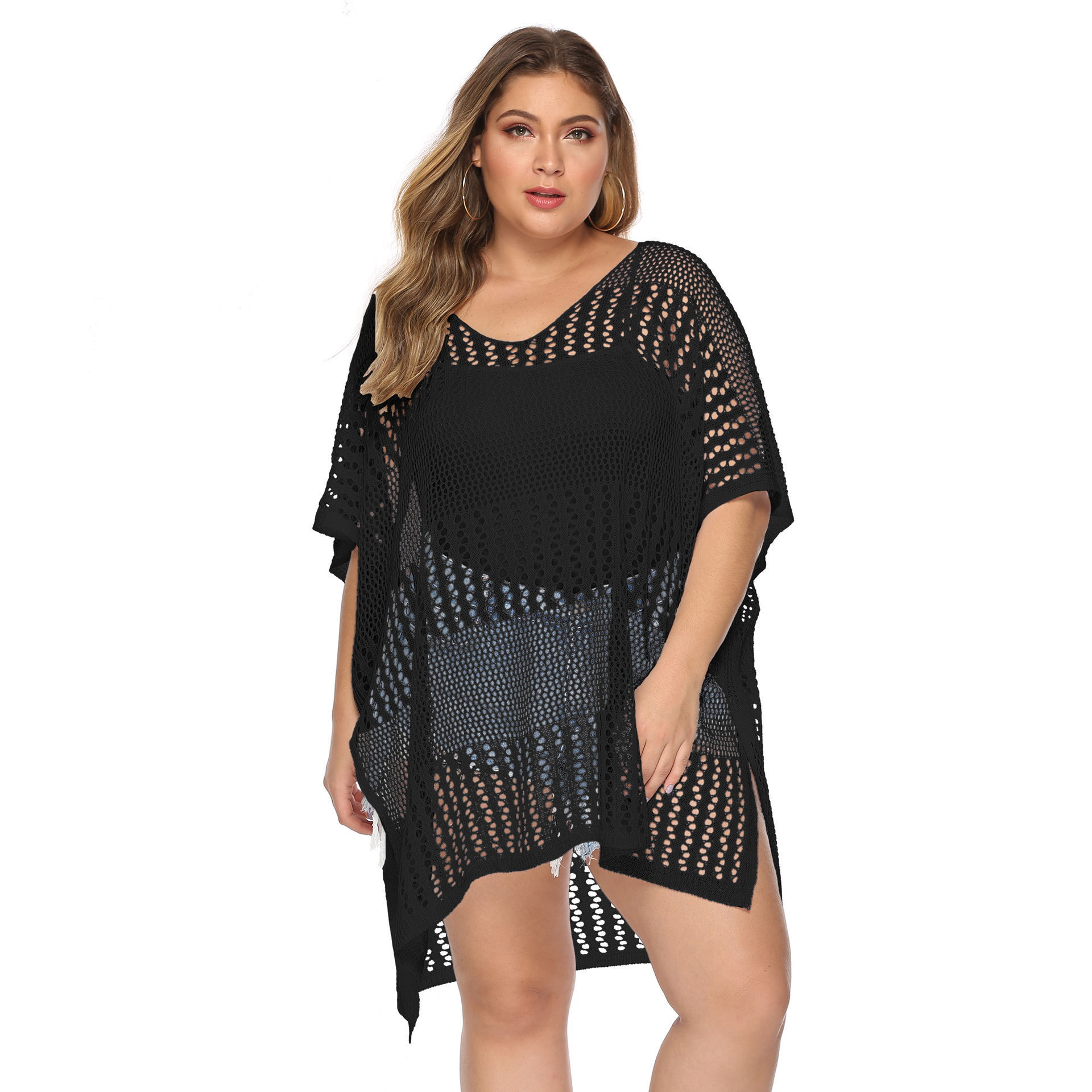 plus size hollow woven irregular split beach blouse  NSOY26792