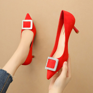 Shallow high heel Rhinestone Square button thin heel women’s Suede professional ol women’s shoes