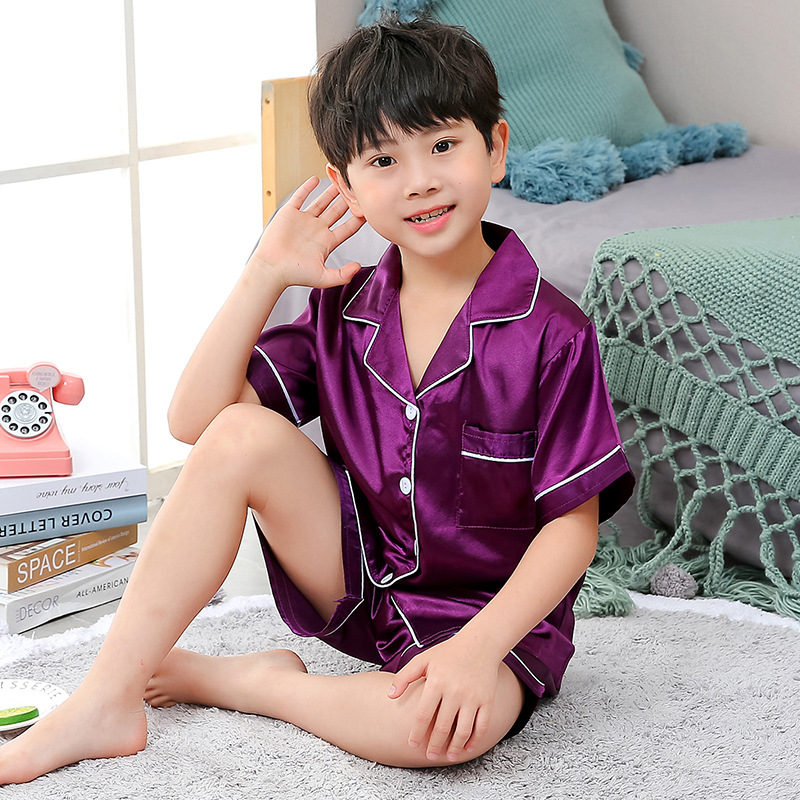 (2개) 2020 소년과 소녀를위한 반팔 잠옷 솔리드 컬러 모조 실크 카디건 옷깃 아동복 캐주얼 실크 정장
