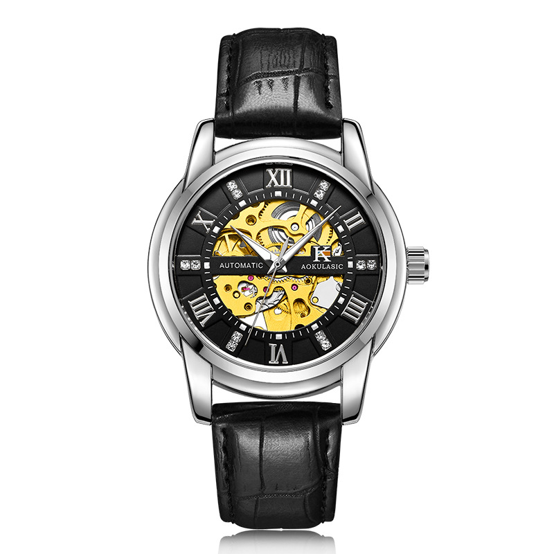 Ogulas AOKULASIC reloj mecánico automático para hombres hollow-out transparent flywheel Belt reloj 5066