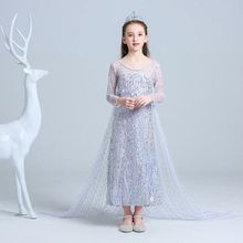 2020新款 儿童礼服长袖冰雪奇缘公主裙拖尾长裙cosplay演出表演服