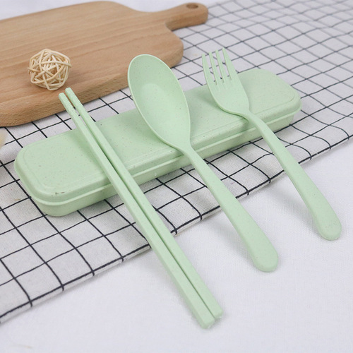 Wheat straw tableware set portable fork, spoon and chopsticks three-piece set fast food takeout tableware small gift l Dingogo