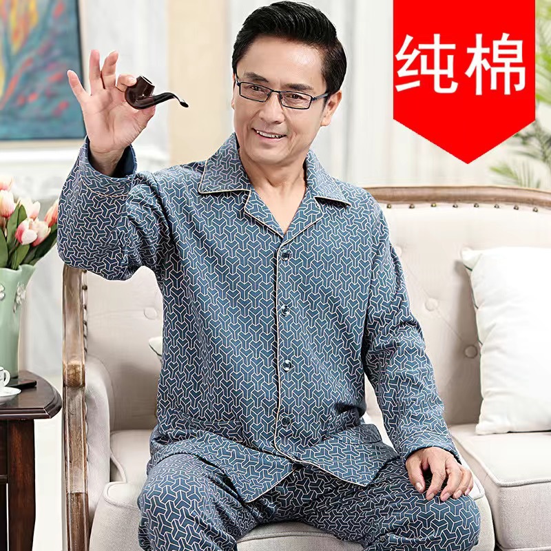 Pijamas de hombre 100% algodón de manga larga primavera y otoño juventud papá cardigan ropa para el hogar otoño e invierno más traje de tamaño