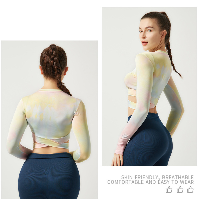 Long Sleeve Tie Dye Slim O-neck Asymmetrical Activewear Crop Top