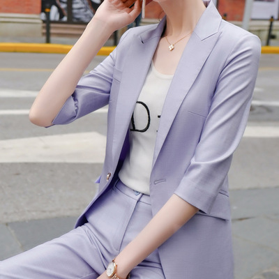 绿色上衣外套女士韩版西服夏七分短袖小西装套装时尚职业气质女神