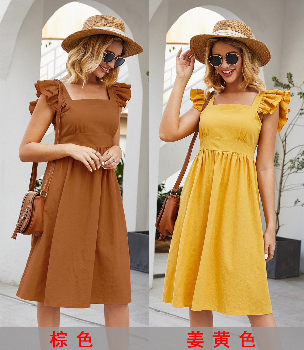 hot-selling summer new sleeveless stitching ruffled sleeves square collar solid color halter lace dress NSDF506